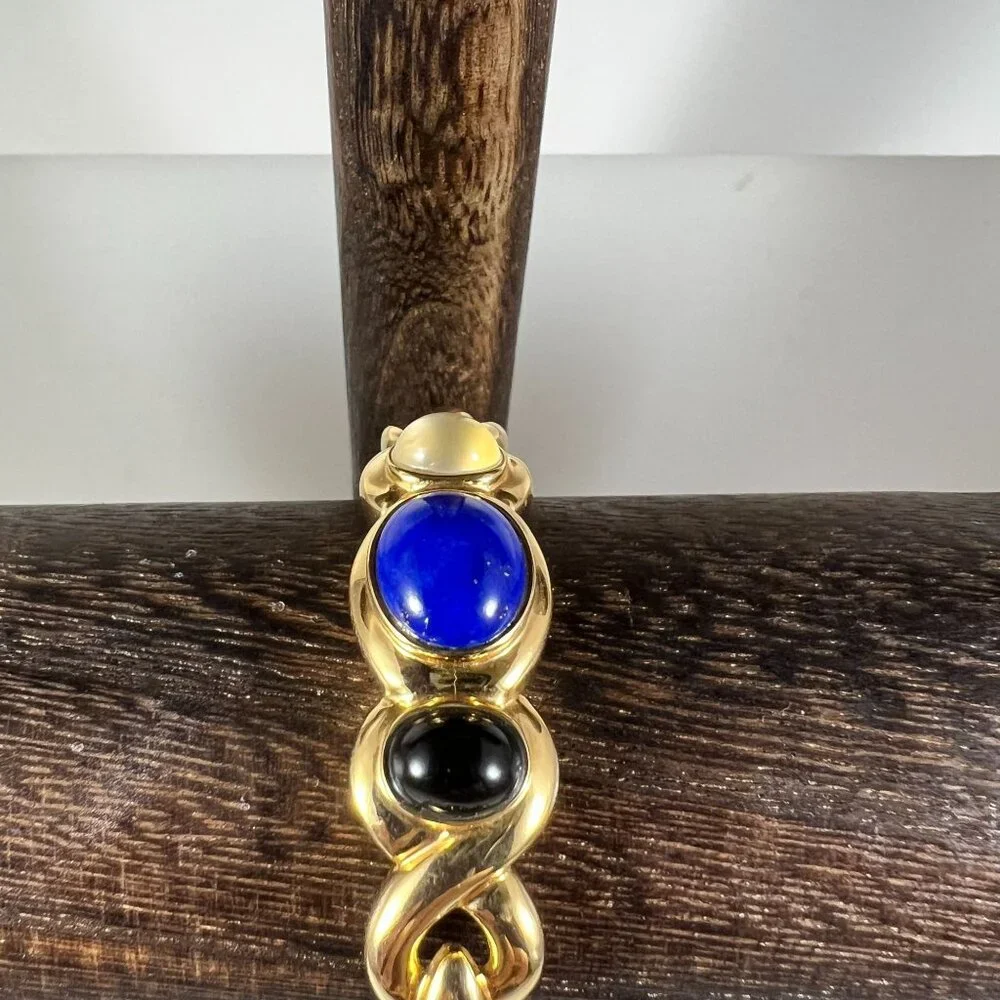 KY LO 925 Sterling Silver Gold-Tone Cuff Bracelet With Blue Black & White Gemsto - Picture 2 of 4